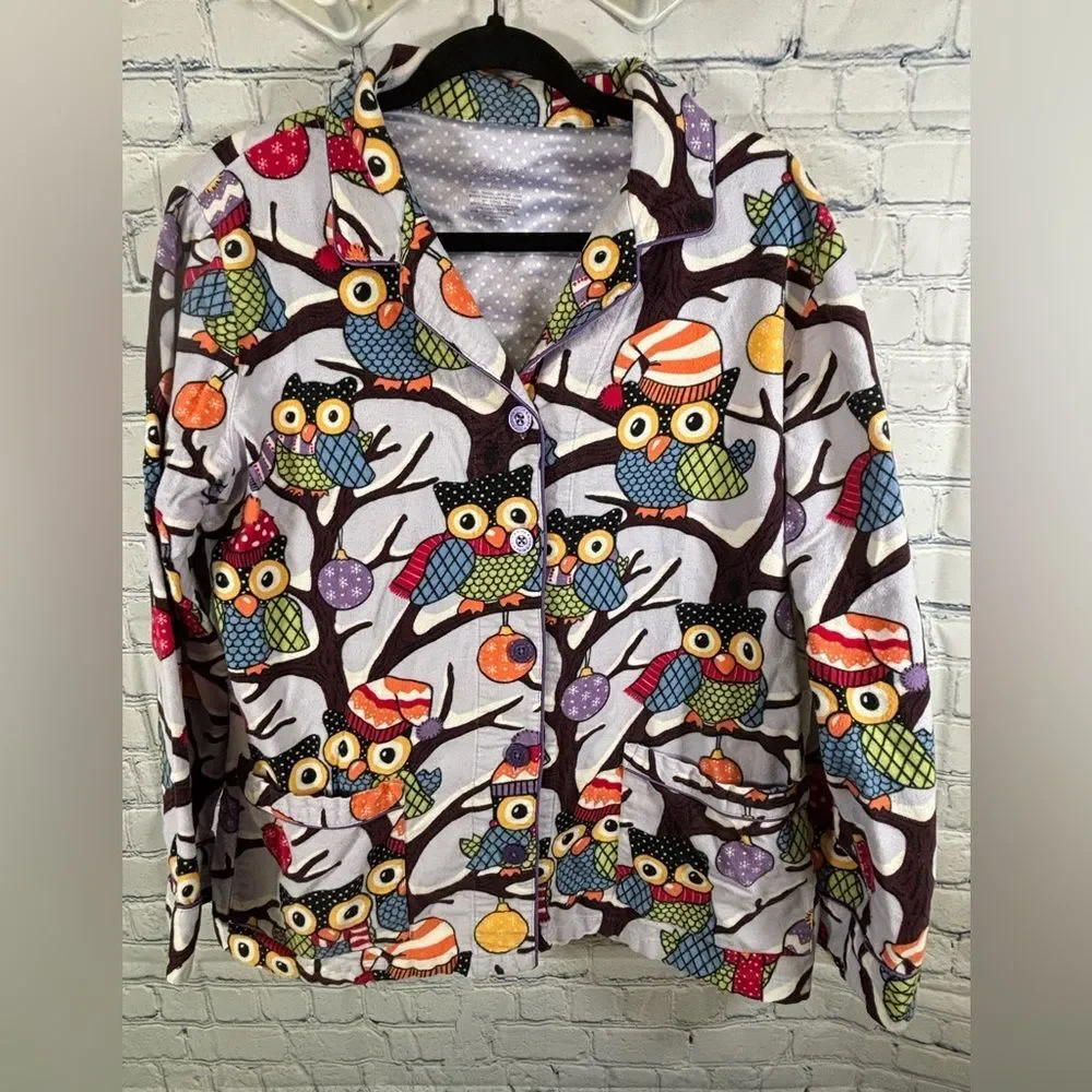Nick & Nora Purple Owls in Hats Holiday Print Cotton Holiday Pajama Top Size L